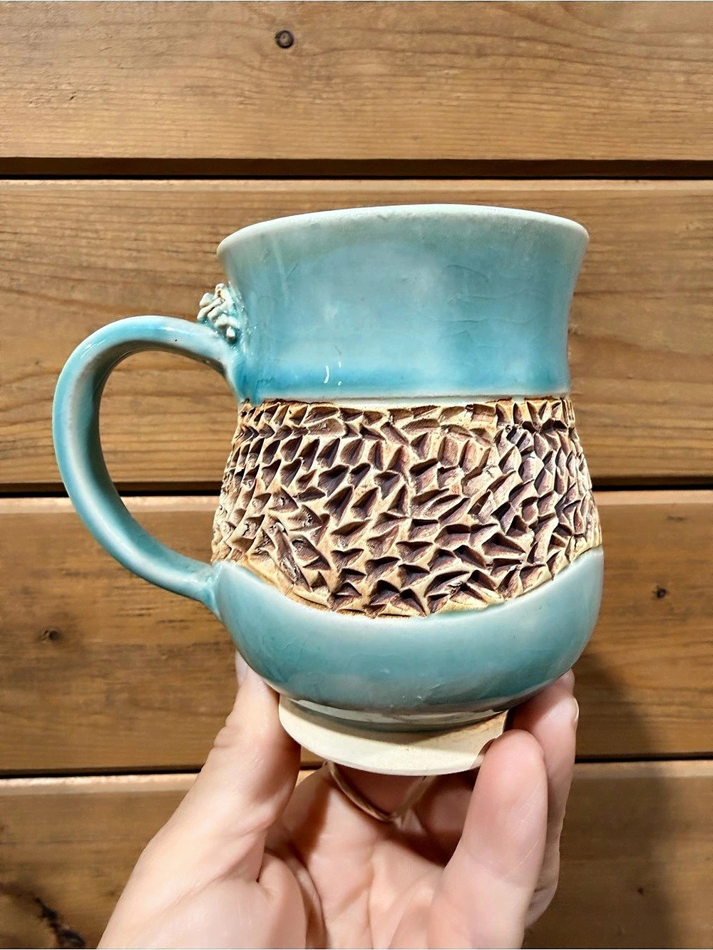 Signed Handmade Studio Pottery Mug Aqua Blue Carved Textured Artisan Ceramic